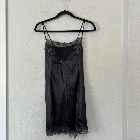 Meshki Satin Lace Trim Black Slip Mini Dress NEW Size Large - Picture 6 of 7